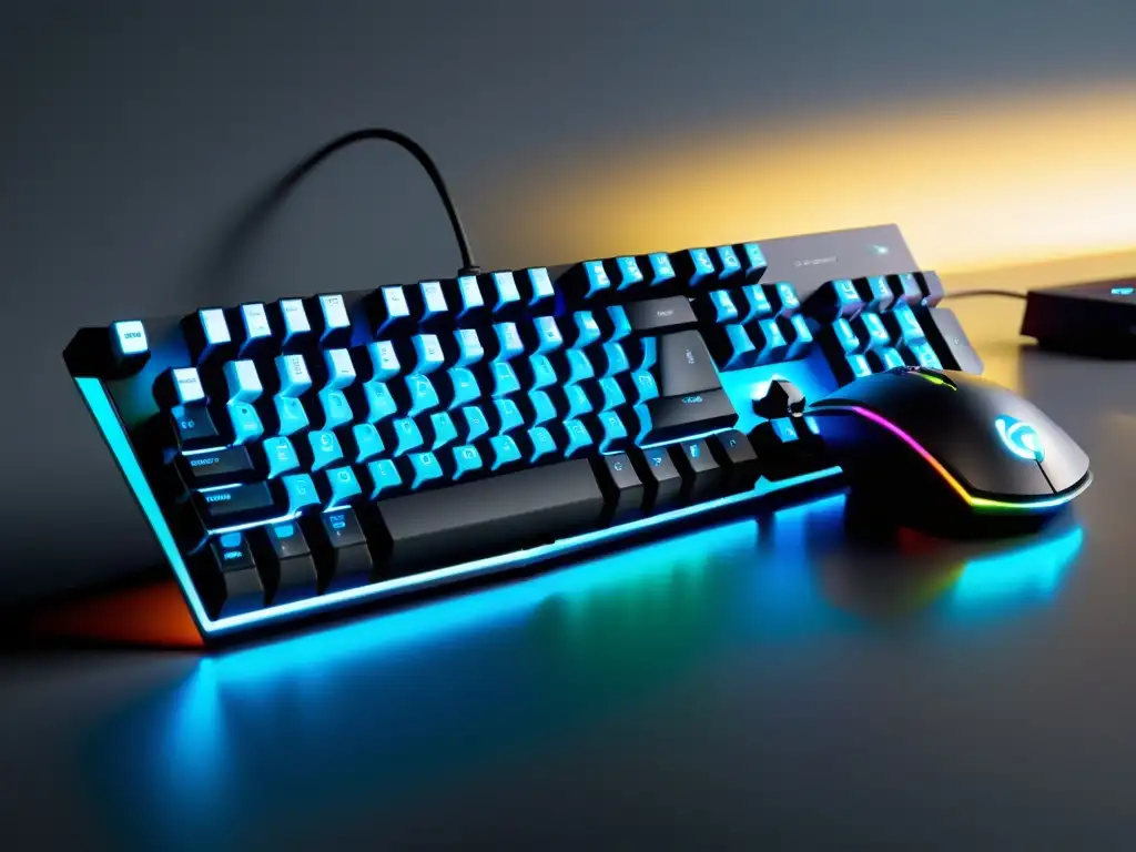 Un set futurista de teclado y ratón gamer iluminado con RGB, perfecto para Descuentos especiales teclado ratón FreeFire