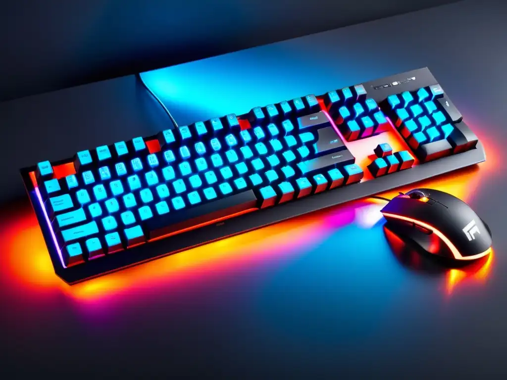 Un set de teclado y ratón para gaming en un escritorio futurista iluminado con el logo de FreeFire