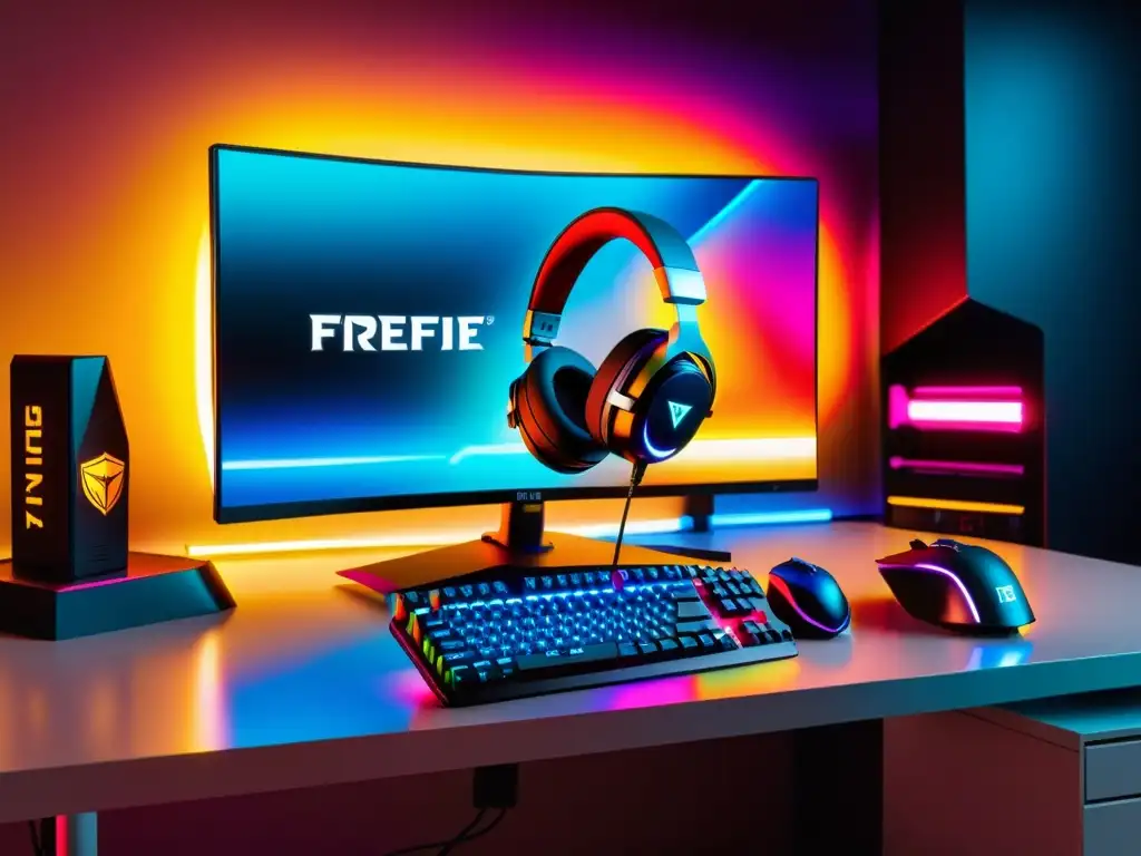 Un setup futurista de gaming con accesorios iluminados y escena vibrante de FreeFire, invitando a aprovechar las rebajas en accesorios gaming FreeFire