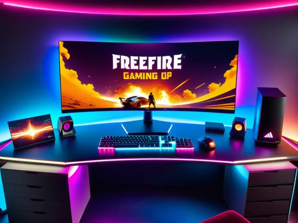 Un setup de gaming futurista en una habitación con iluminación ambiental LED, estrategias SEO para gaming FreeFire