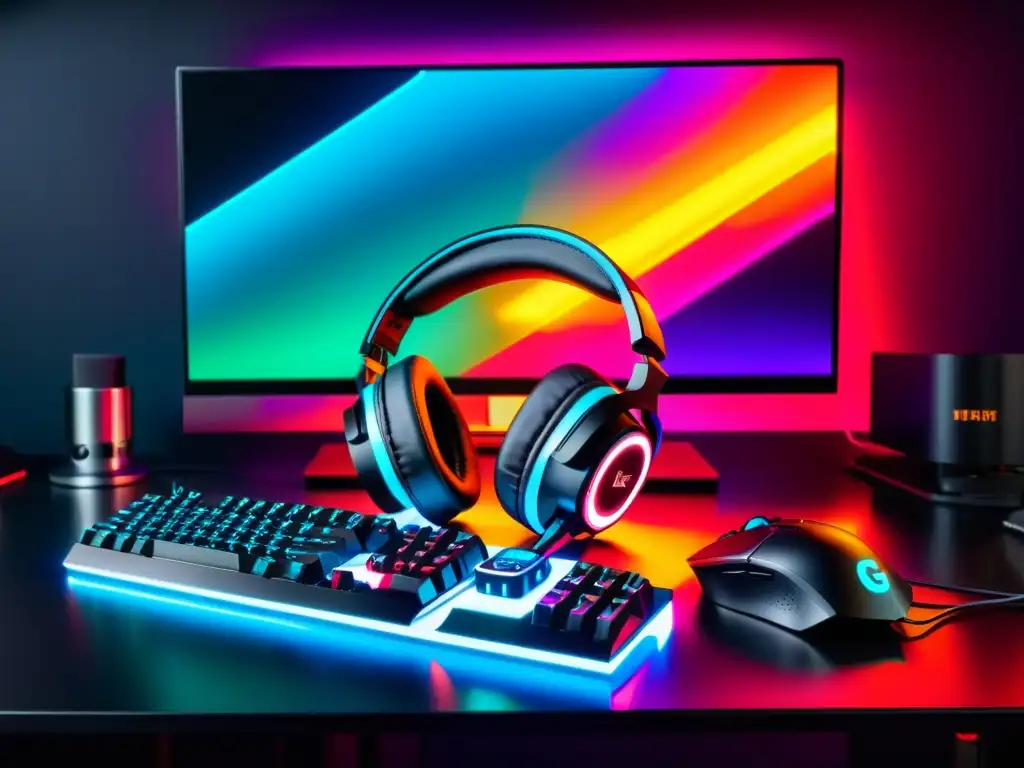 Un setup gaming futurista con los mejores audífonos gaming para Free Fire, iluminado por RGB y posters de personajes del juego