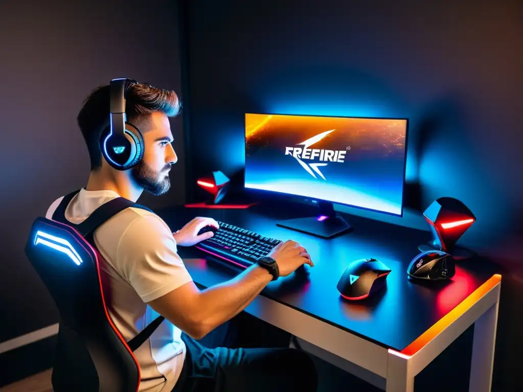 Un setup de gaming futurista con los mejores accesorios para FreeFire, creando una atmósfera inmersiva y estratégica