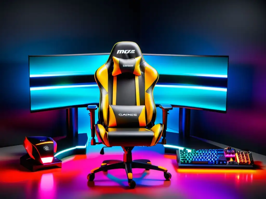 Setup gaming futurista con PC de alta gama, silla ergonómica, monitor curvo y accesorios premium