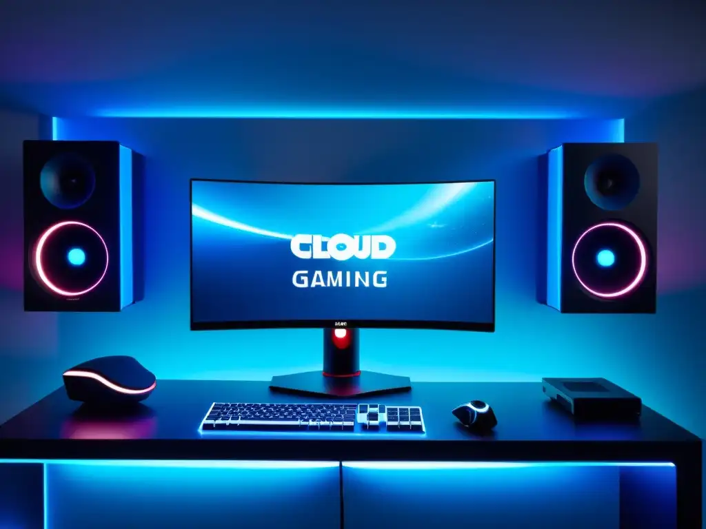 Setup de gaming futurista con PC de alta gama y servicio de Cloud Gaming