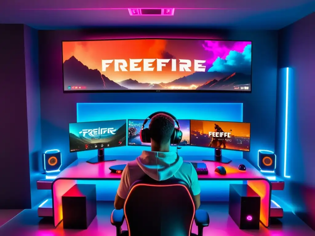 Un setup de gaming futurista con servicios de Cloud Gaming para FreeFire