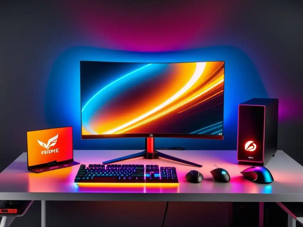 Setup gaming moderno con PC potente y personalizable, monitor curvo y accesorios profesionales