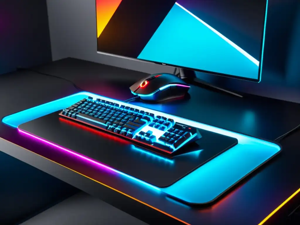 Setup gaming moderno con teclado mecánico retroiluminado y ratón de alta precisión en mousepad elegante