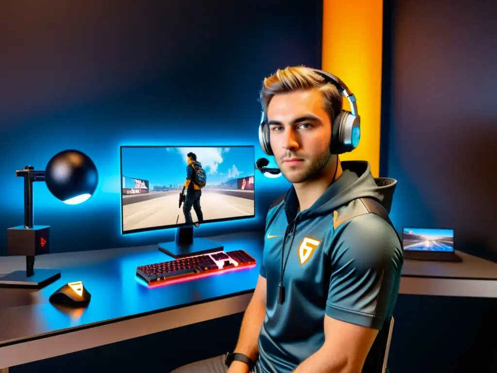 Un setup de gaming profesional con una cámara web de alta calidad capturando la intensidad del streaming de Free Fire