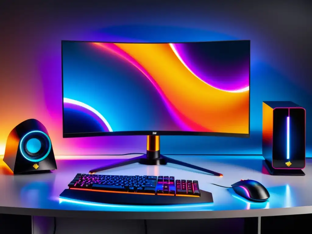 Un setup de gaming profesional con monitor curvo para Free Fire, iluminado con LED y diseño futurista