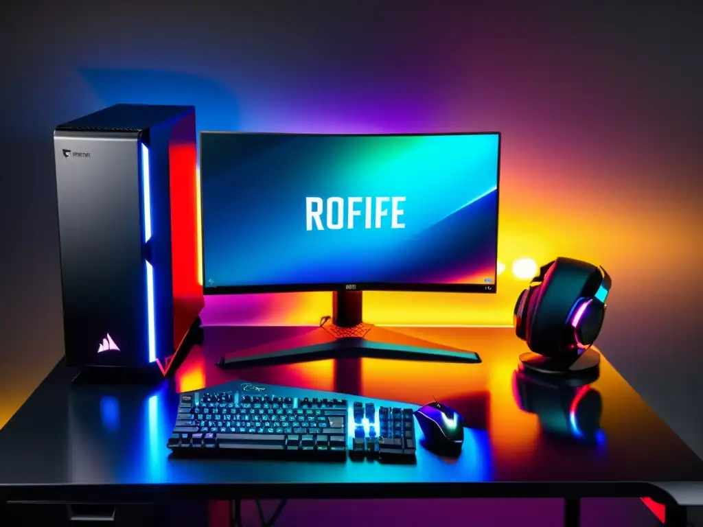 Setup de gaming ultramoderno con iluminación RGB vibrante, tarjeta gráfica potente y juego inmersivo de FreeFire para mejorar FPS en FreeFire PC