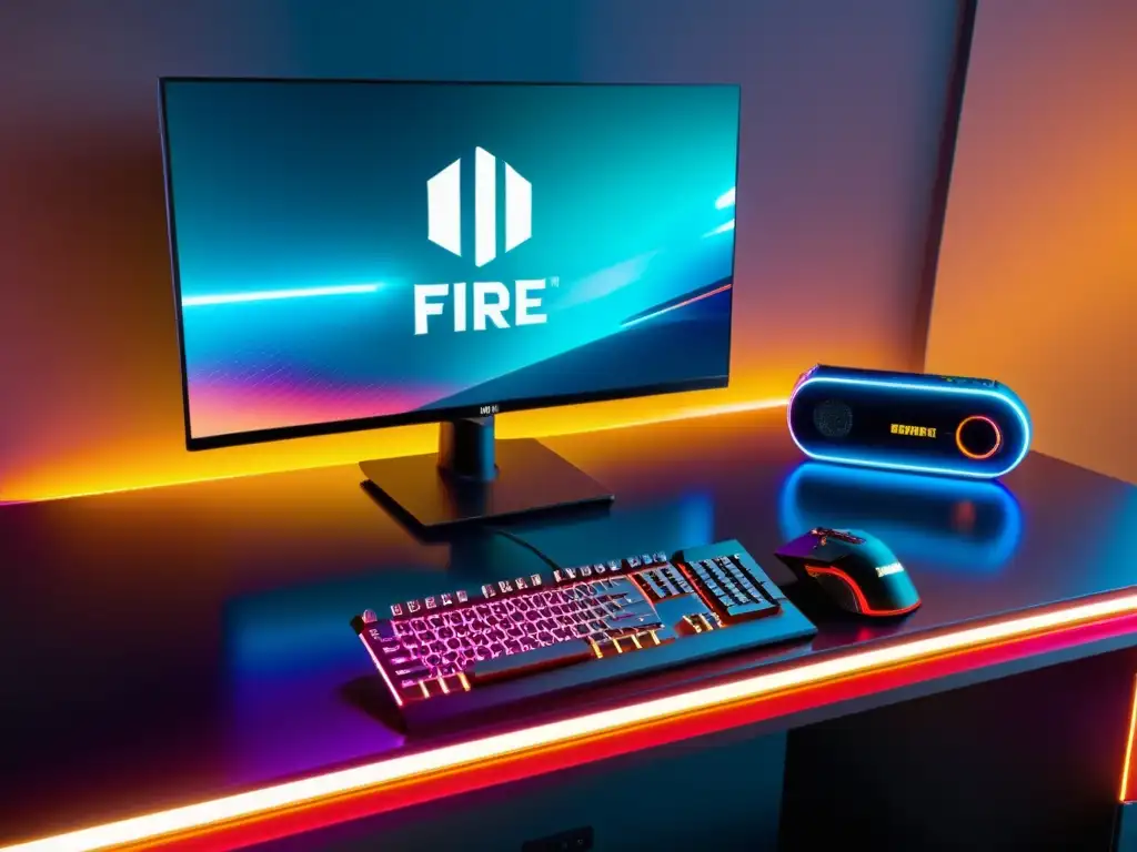 Un setup de juego impactante con la mejor tarjeta gráfica para FreeFire, iluminada con RGB y una escena vibrante del juego