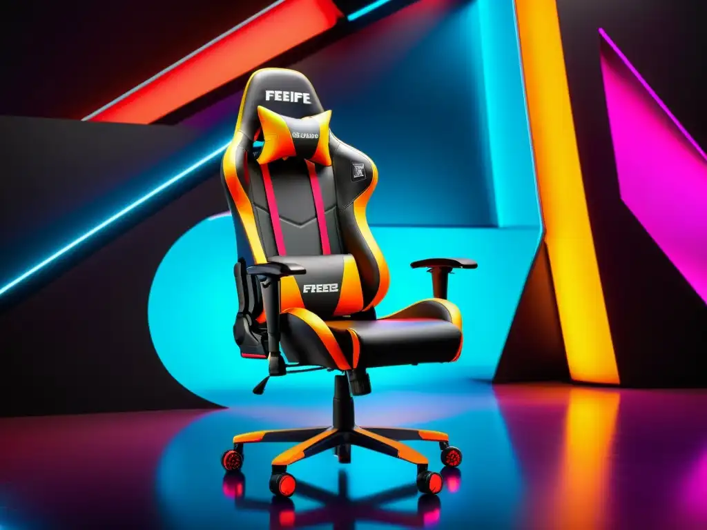 Una silla gaming para FreeFire de diseño futurista en un entorno dinámico y envolvente, con detalles luminosos y un setup de alto rendimiento