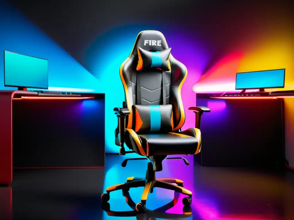 Silla gaming para Free Fire con diseño moderno y ergonómico, rodeada de un ambiente de alta tecnología y luces LED vibrantes