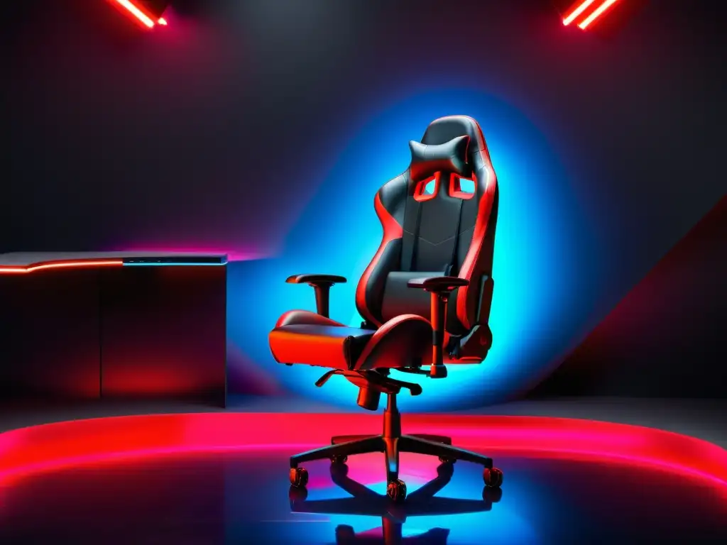 Una silla gaming moderna con detalles en rojo, en un setup profesional con iluminación RGB, ideal para FreeFire