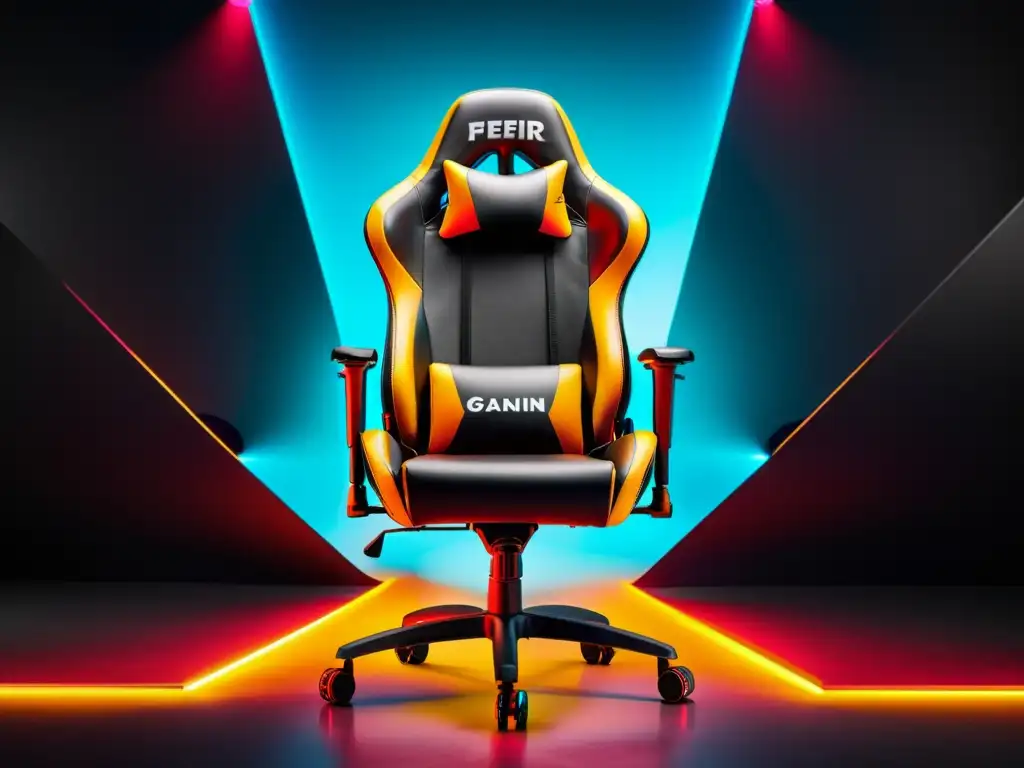 Silla gaming ultramoderna con luces RGB, diseño ergonómico y escenario futurista con gameplay de FreeFire, ideal para largas sesiones