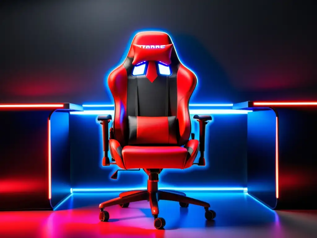 Una silla de juego negra y roja, con diseño ergonómico y luces LED coloridas