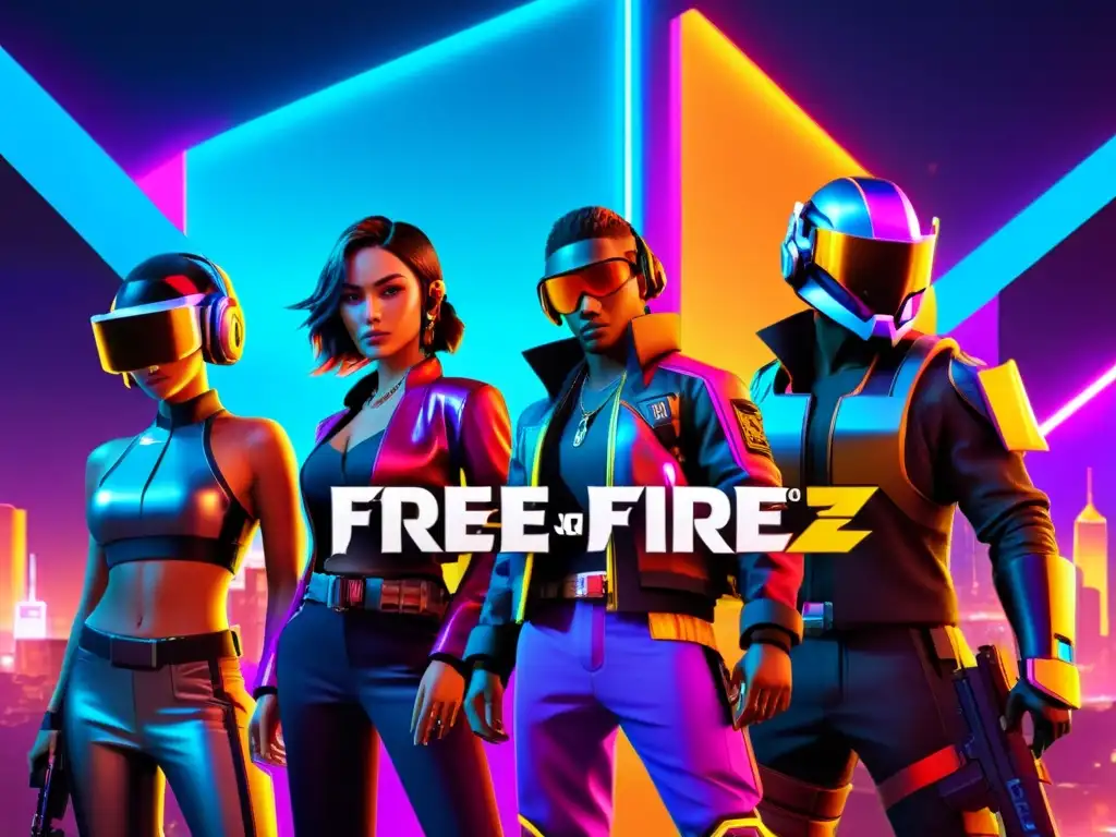 Skins tendencia Free Fire 2023: Personajes futuristas con armaduras brillantes y armas de alta tecnología en una ciudad cyberpunk iluminada por neones