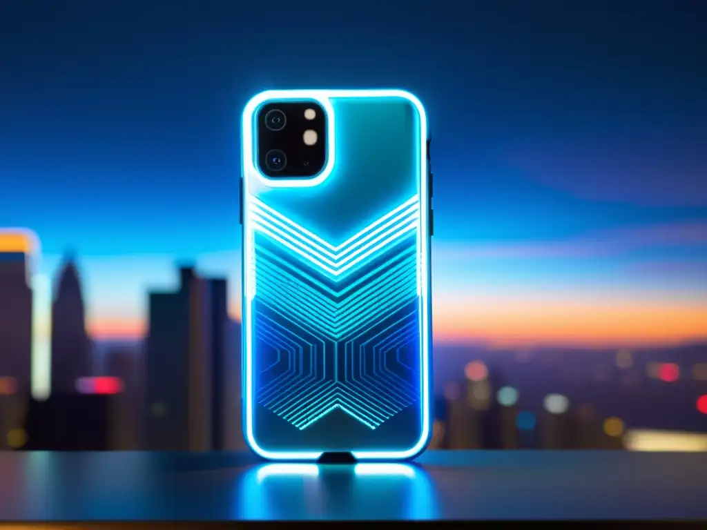 Un smartphone con funda de enfriamiento futurista, iluminada con luces LED azules