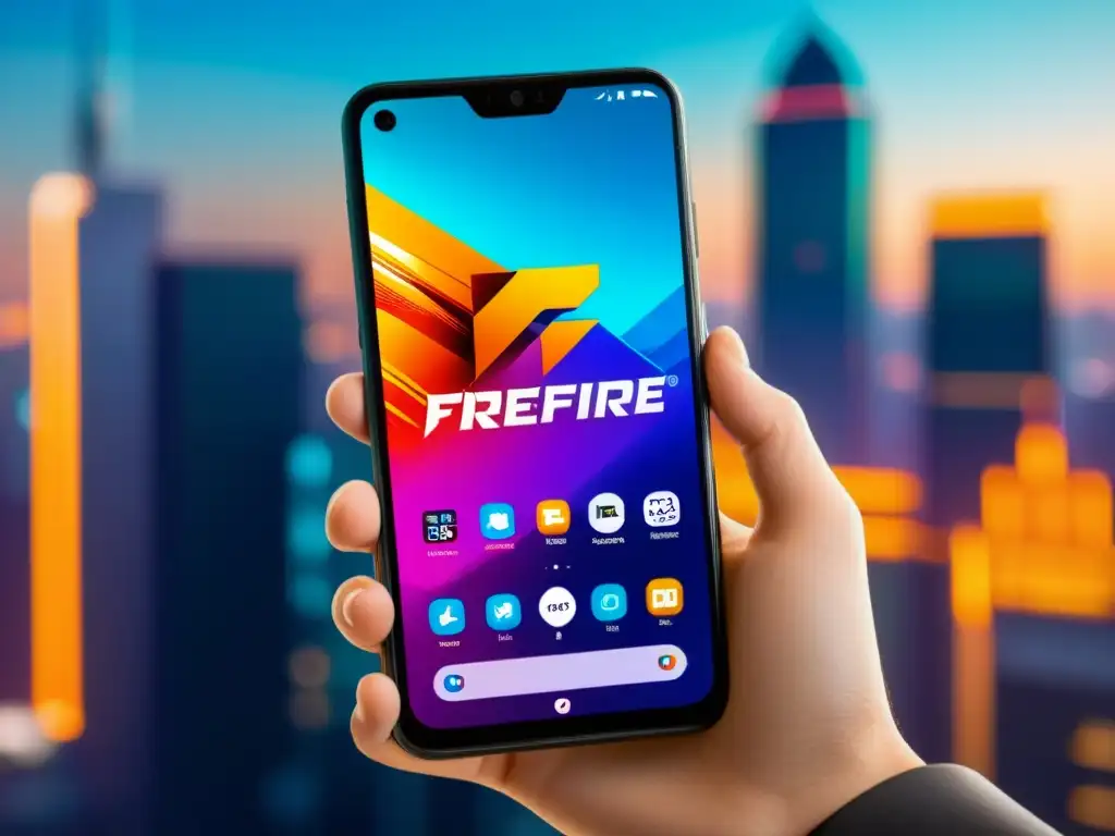 Un smartphone moderno muestra la interfaz de FreeFire, con colores vibrantes y el logo del juego