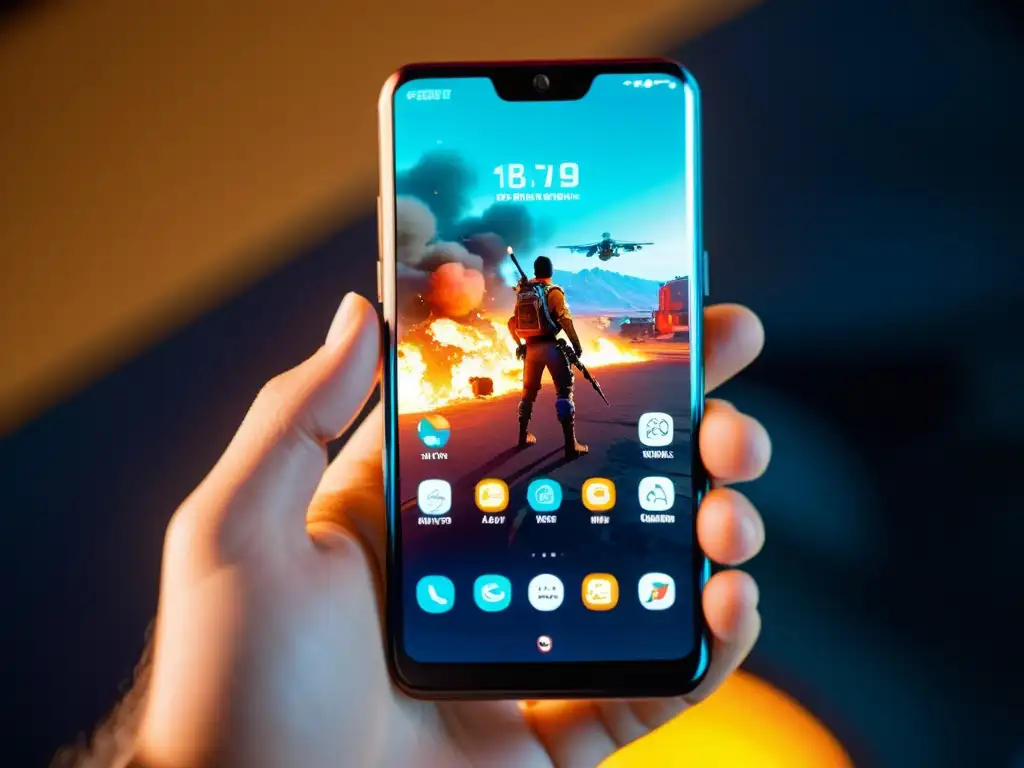 Un smartphone moderno con pantalla AMOLED de alta resolución, mostrando una escena vibrante de FreeFire