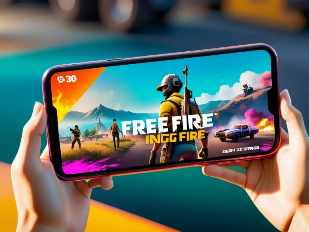 Smartphone mostrando vibrante escena de Free Fire con detalles nítidos y colores inmersivos