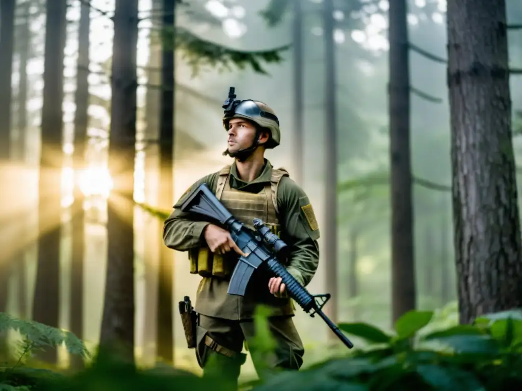 Soldado en la naturaleza con calma y determinación