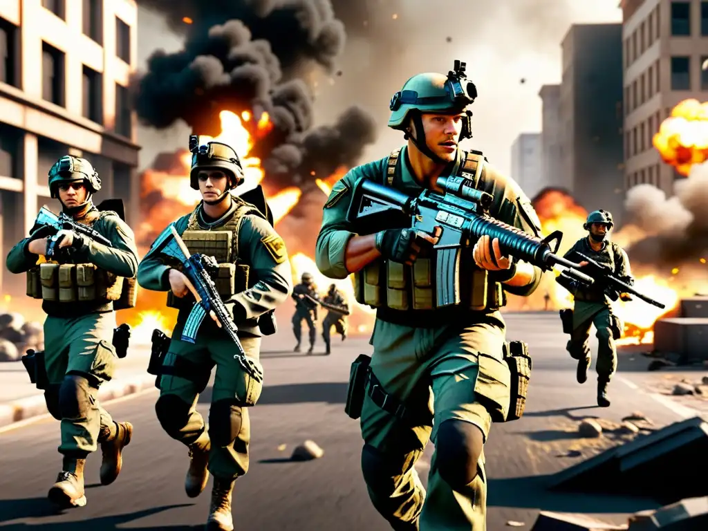 Soldados en combate en un entorno urbano devastado en Call of Duty: Mobile