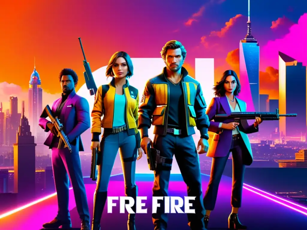 Sorprendente encuentro de personajes de Free Fire en metrópolis futurista al atardecer