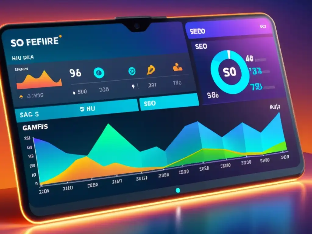 Tablero futurista con herramientas de análisis SEO para gaming FreeFire, iluminado en tonos azules, iconos nítidos y datos en tiempo real