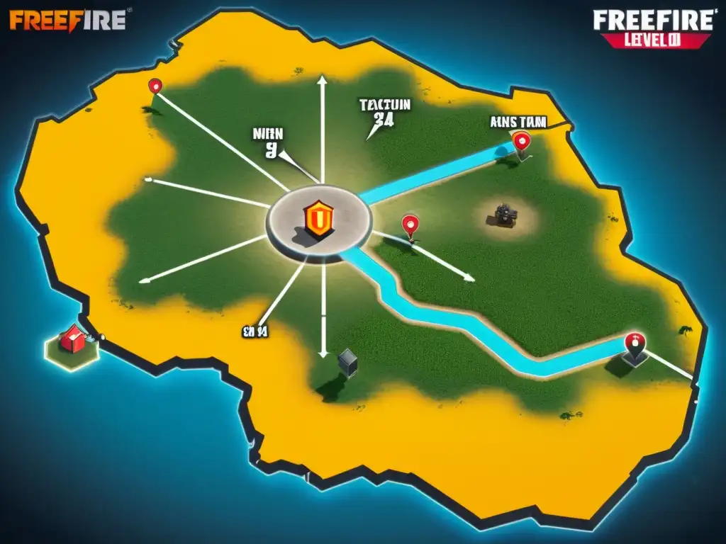 Tácticas avanzadas en FreeFire con el mapa detallado de estrategias y ubicaciones clave resaltadas