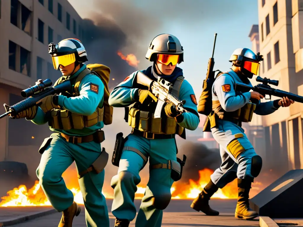 Tácticas de equipo para FreeFire: Avance estratégico en un entorno urbano devastado, mostrando coordinación y profesionalismo