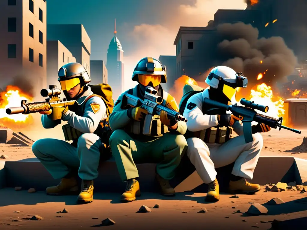 Tácticas de equipo para curación en combate: Jugadores estrategizando y apoyándose en medio de la guerra urbana en FreeFire