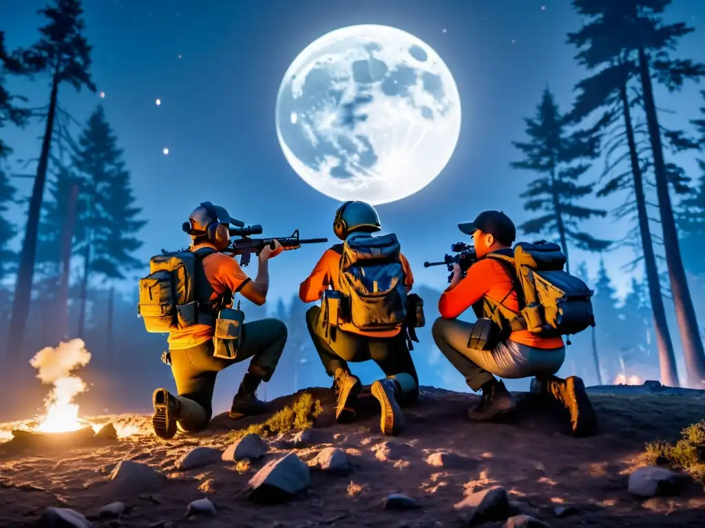 Tácticas nocturnas para FreeFire: Jugadores agazapados en un bosque iluminado por la luna, listos para la batalla nocturna bajo un cielo estrellado