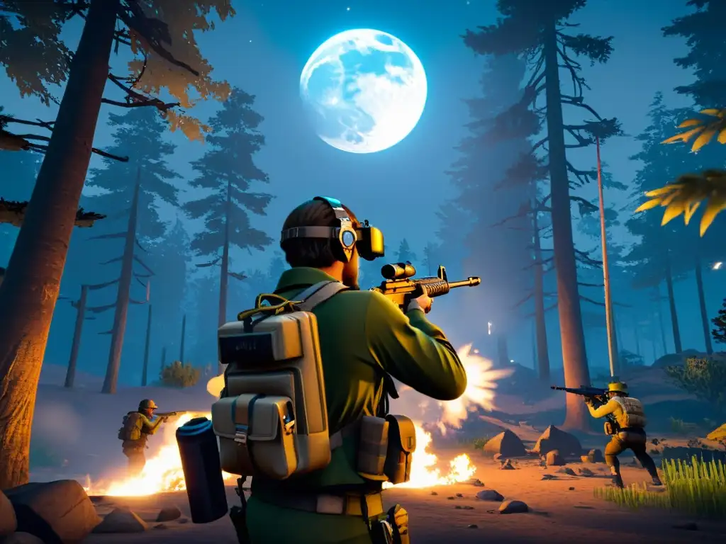 Tácticas nocturnas para FreeFire: Jugadores usando visión nocturna en un bosque oscuro, iluminados por la luna, listos para un emocionante combate