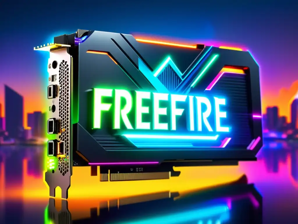 Una tarjeta gráfica moderna con luces RGB vibrantes y un potente sistema de enfriamiento, en un escenario cyberpunk futurista con el logo de FreeFire