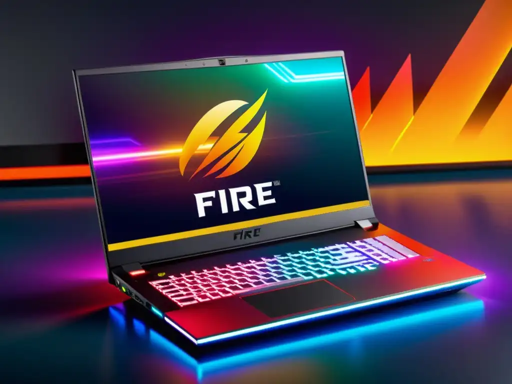 Comparación de tarjetas gráficas Free Fire: Laptop gaming con diseño moderno, luces RGB vibrantes y potente tarjeta gráfica jugando a máxima calidad