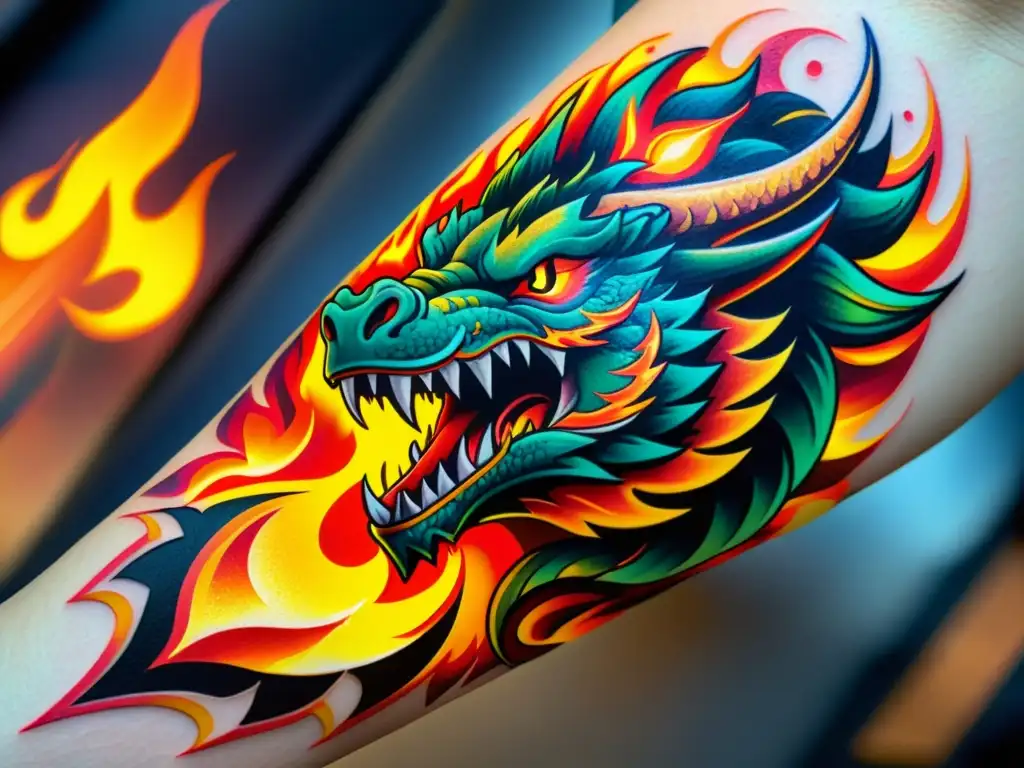 Un tatuaje de Free Fire con un dragón feroz y el logo del juego, detallado y vibrante, expresando la pasión de los fans