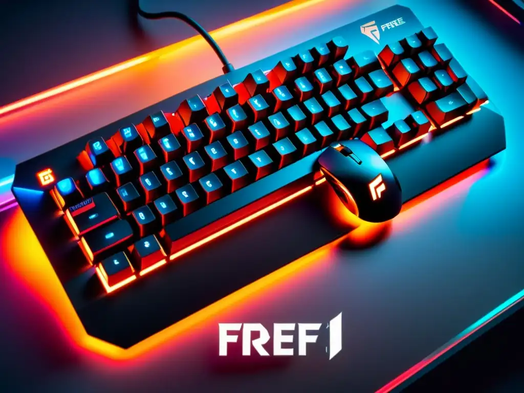 Teclado y ratón FreeFire en ambiente futurista con descuentos especiales