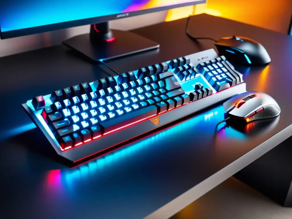 Teclado y ratón gaming de diseño futurista en un setup profesional de FreeFire