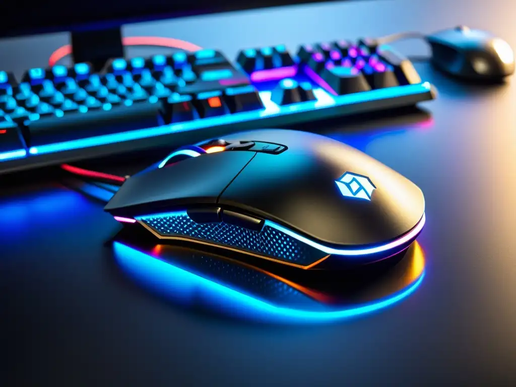 Un teclado y ratón gaming de alta precisión con iluminación RGB, sobre un escritorio futurista