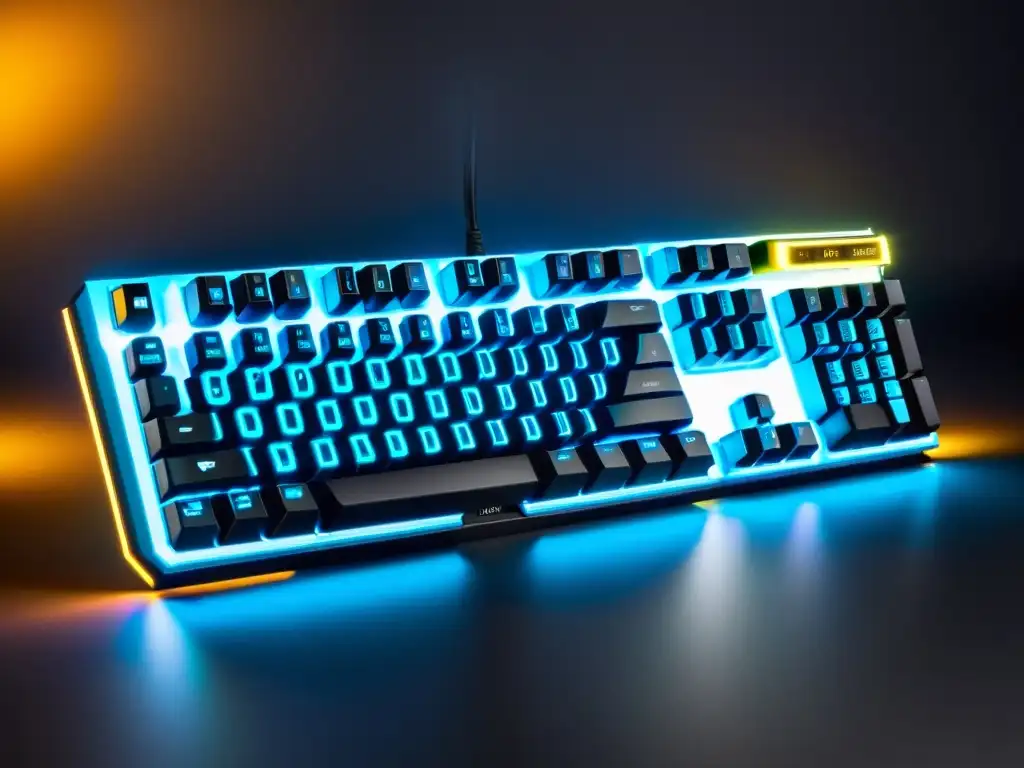 Teclado gaming para Free Fire iluminado con logo del juego y teclas programables, en escenario futurista