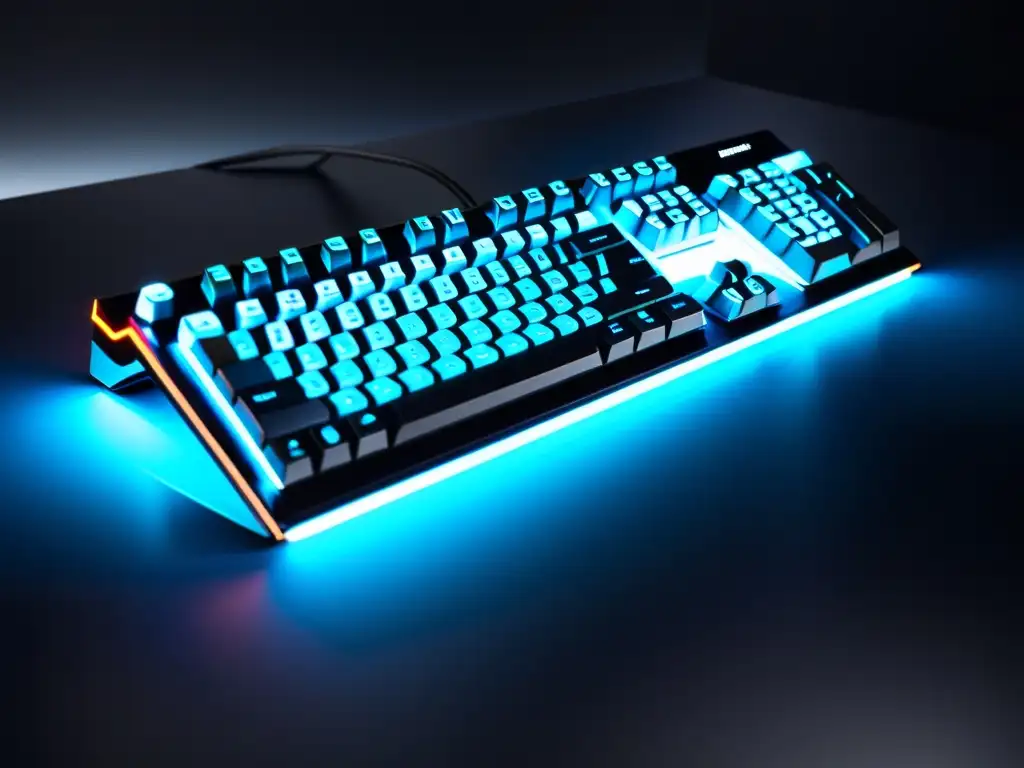 Un teclado gaming moderno con iluminación RGB personalizable, rodeado de accesorios gaming