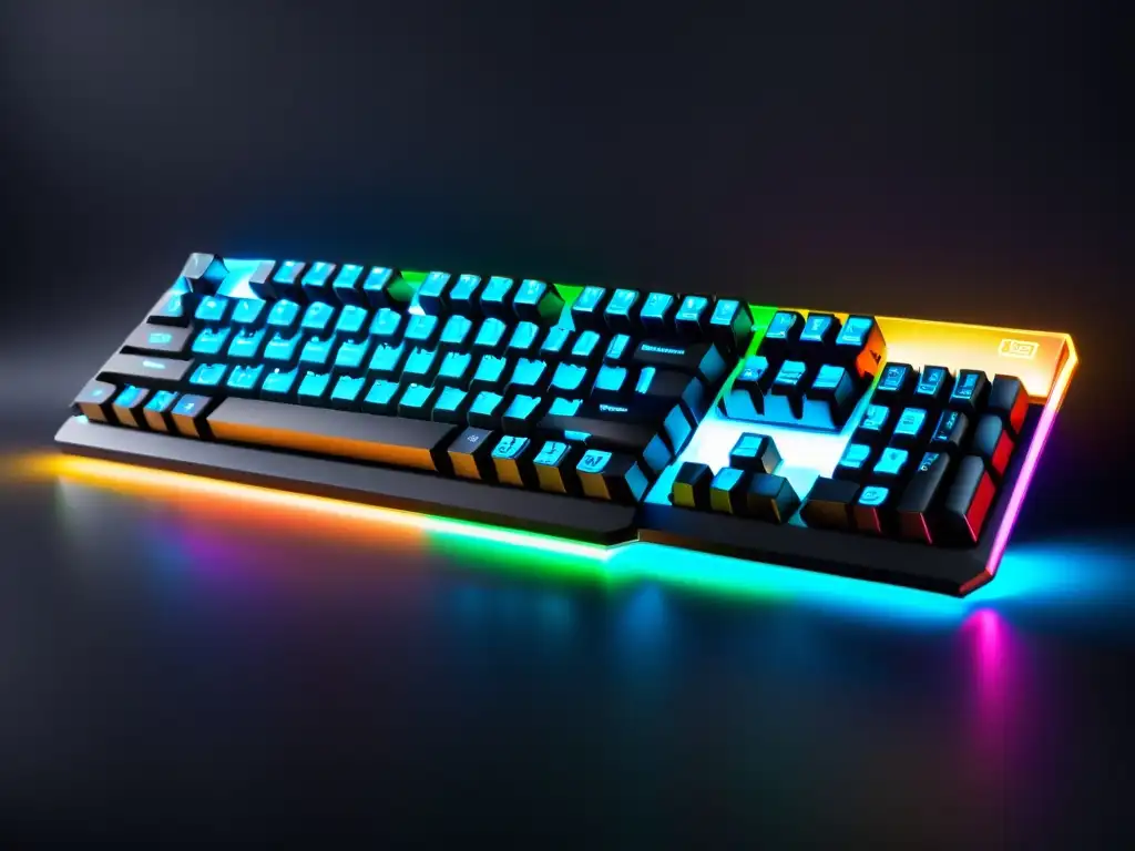 Un teclado gaming moderno con iluminación RGB vibrante, teclas mecánicas y descanso de muñecas