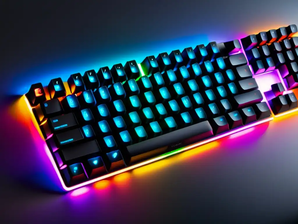 Un teclado gaming para Free Fire, con teclas mecánicas y luces RGB personalizables, creando un efecto visual futurista inmersivo