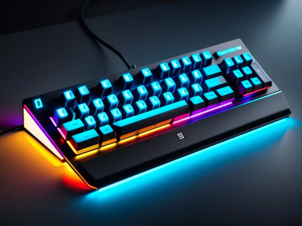 Un teclado mecánico de diseño futurista con retroiluminación RGB, sobre un escritorio minimalista