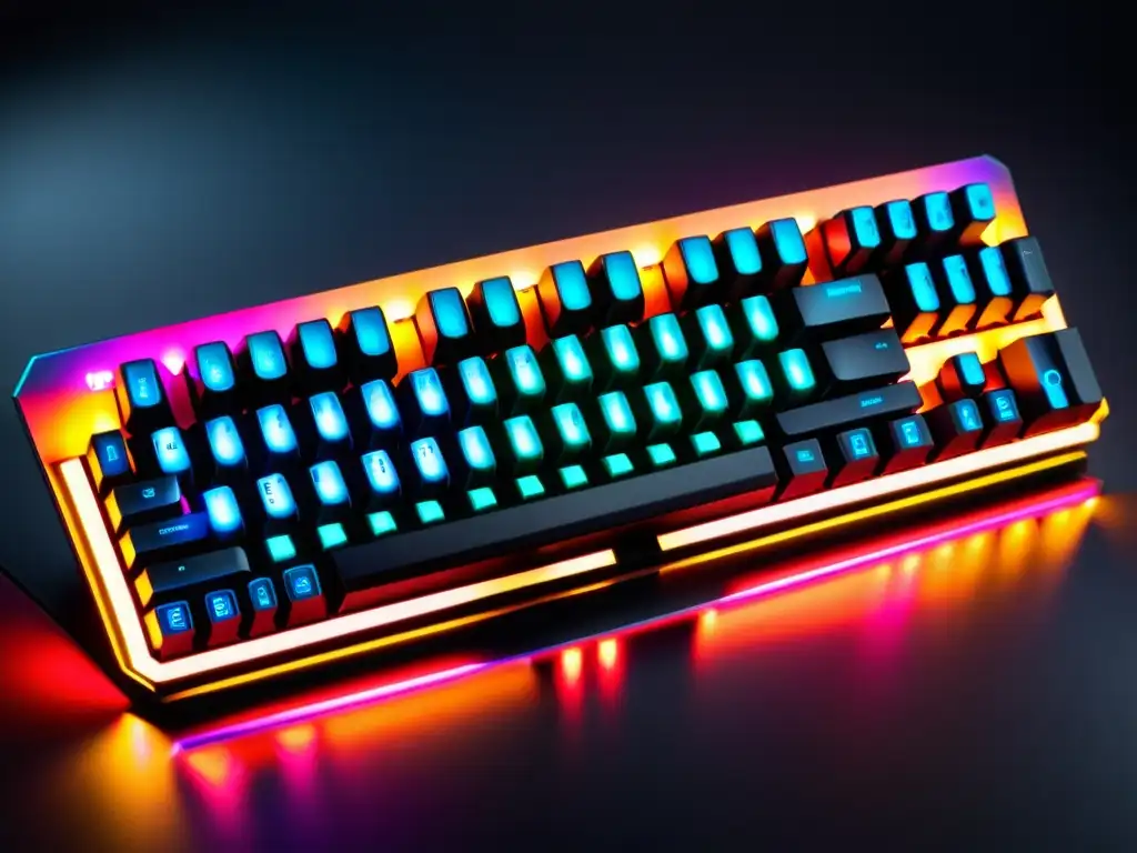 Un teclado mecánico moderno con retroiluminación RGB en un entorno futurista, ideal para gamers y entusiastas de la tecnología