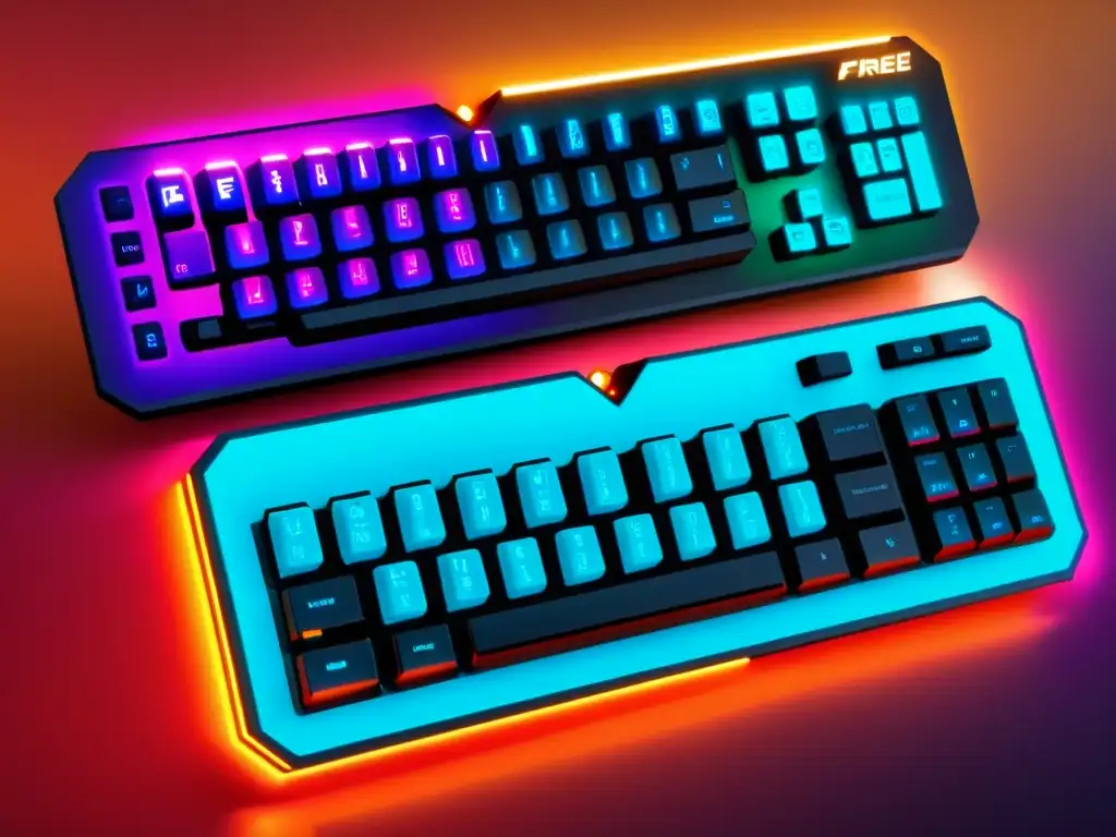 Dos teclados virtuales con diseño moderno y colores vibrantes, destacando opciones de control para FreeFire