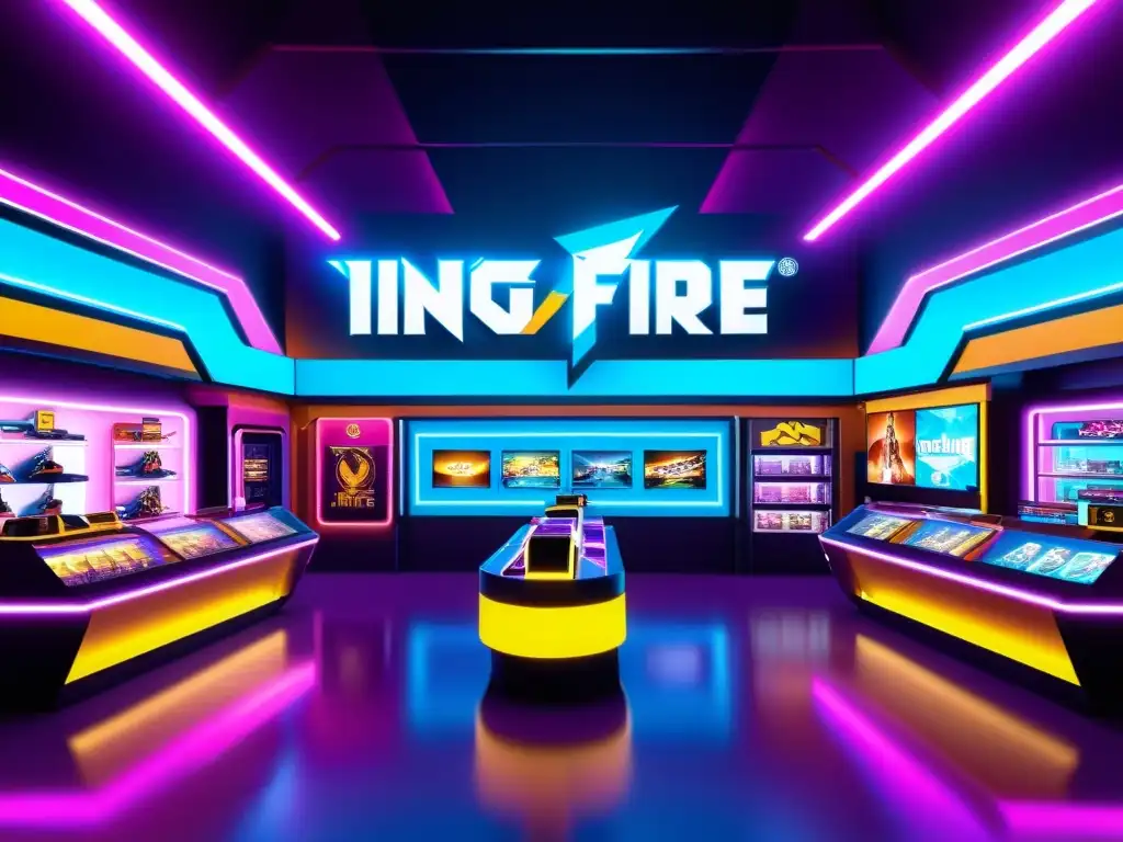 Una tienda futurista en Free Fire exhibiendo estrategias de monetización con skins, atuendos y efectos exclusivos