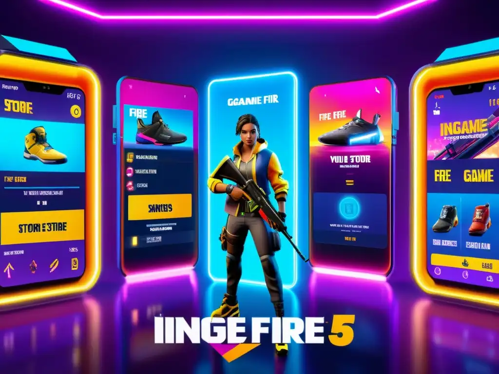 Tienda de Free Fire con vibrantes skins y atuendos, mostrando una experiencia de compra inmersiva