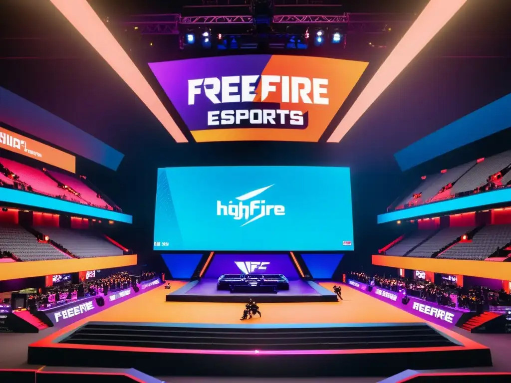 Un torneo de eSports de FreeFire con equipos compitiendo intensamente en una arena futurista y neón